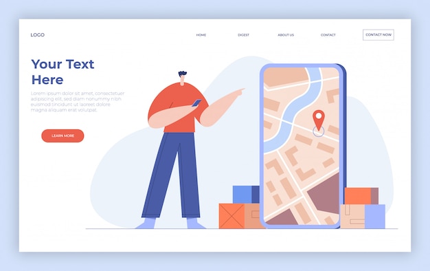 Online delivery concept, shipping application, customer ordering transportation services in smartphone. Landing page template.