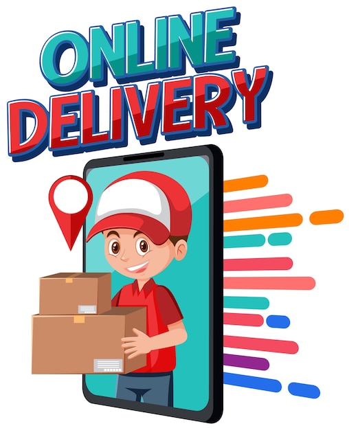 Online Delivery logo with courier in smartphone display