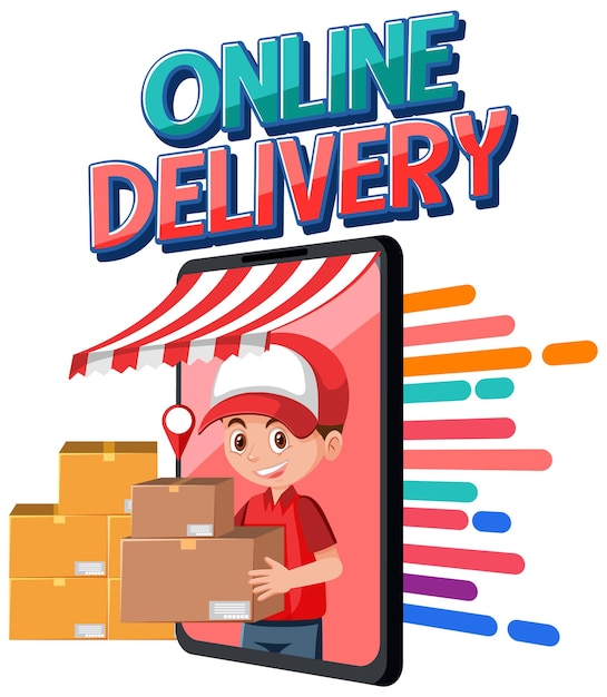 Online Delivery logotype with courier holding boxes