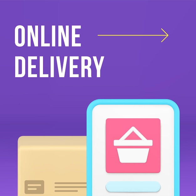 Online delivery order transportation smartphone app social media post design template 3d realistic vector illustration Internet shopping goods purchase shipping postal parcel logistic distribution