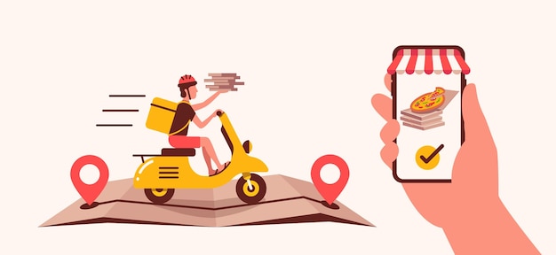 Online delivery pizza by smartphone and courier on scooter Concept food online delivery