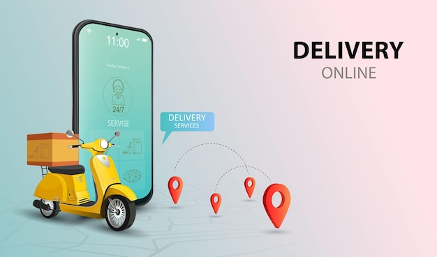 Online delivery service by scooter Shopping website on a mobile Food order concept Web Banner