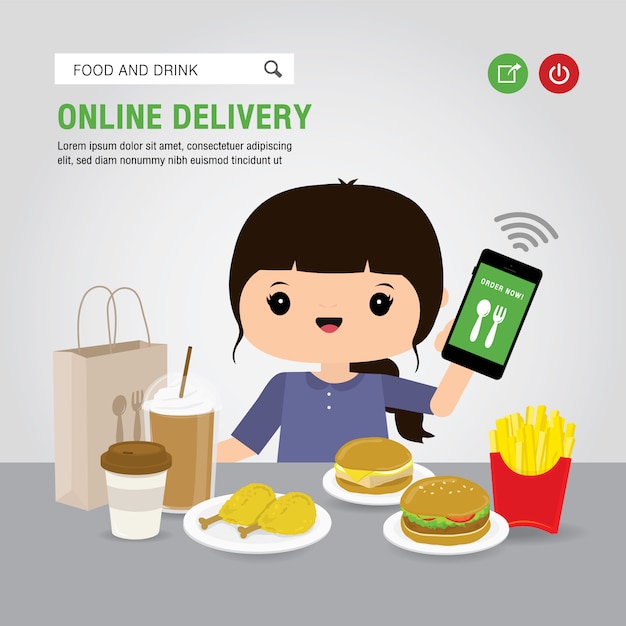 Online Delivery Service Concept Cartoon  illustration. Hand holding mobile smart phone open app for Online food order infographic. COVID-19. Quarantine in the city.