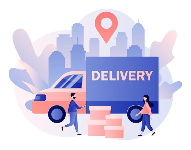 Online delivery service concept Order tracking Tiny people are couriers and customers