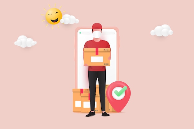 Online delivery service or delivery tracking mobile application concept Delivery man holding packing coming out from the screen of mobile phone 3d vector illustration