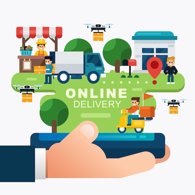 online delivery services concepts, online order tracking with hand holding mobile. online shopping order