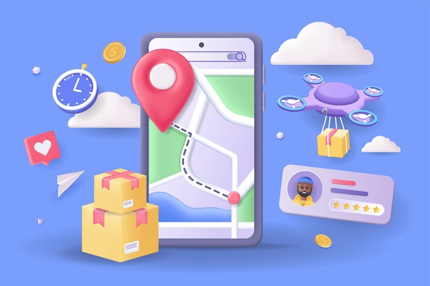 Online delivery tracking concept 3D illustration Icon composition with smartphone display