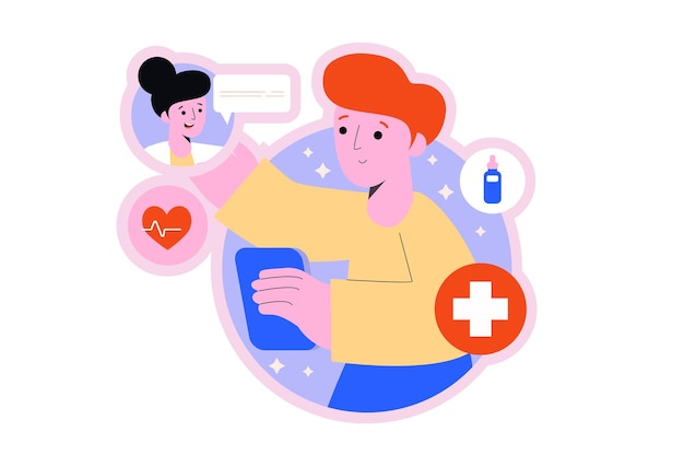 Online doctor appointment round concept with people scene in the flat cartoon style