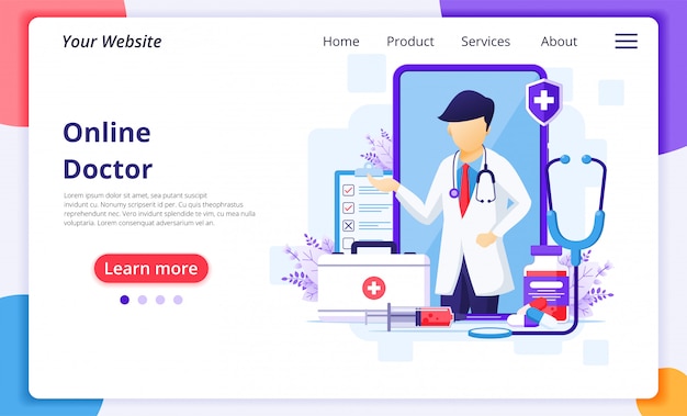 Online doctor concept, online medical health care assitance illustration. website landing page design template