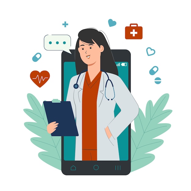 Online doctor concept with female doctor character on smartphone screen