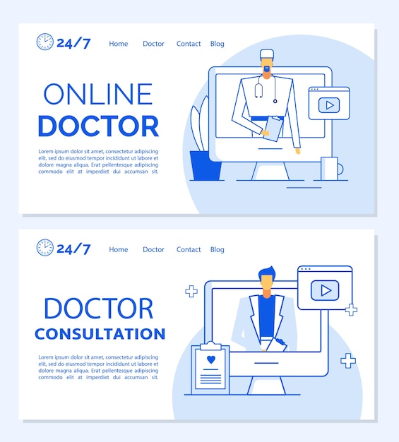 Online doctor consultation medical landing page template set. Remote appointment, professional clinic helpline, patient first aid, diagnosis, examination service. Telemedicine. Virtual healthcare