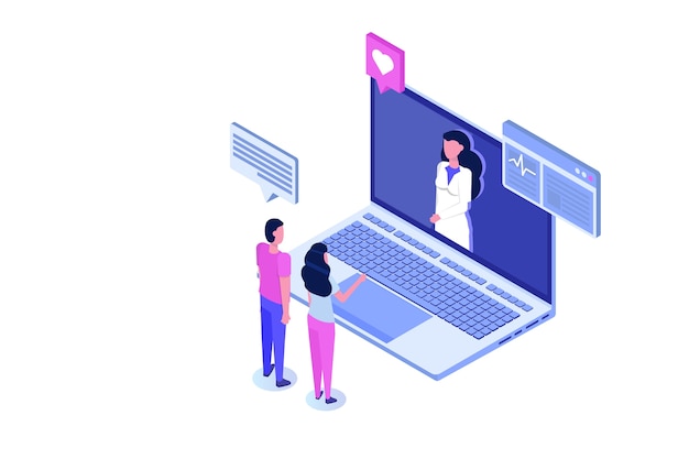 Vector online doctor consultation. smart technology in healthcare isometric