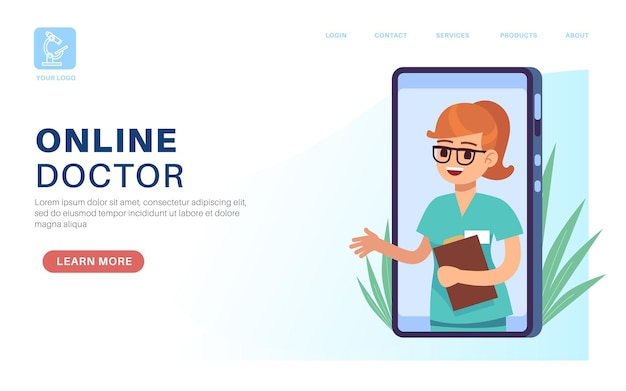 Online doctor landing page. Internet consultation female therapist flat cartoon character on smartphone device screen, video call with hospital specialist vector medical consultation web page template