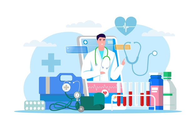 Online doctor service, vector illustration. Clinic medical care from smartphone, mobile application with man physician character. Communication with patient, pharmacy prescription.