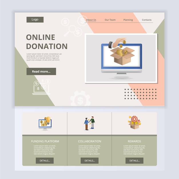 Online donation flat landing page website template funding platform collaboration rewards web banner