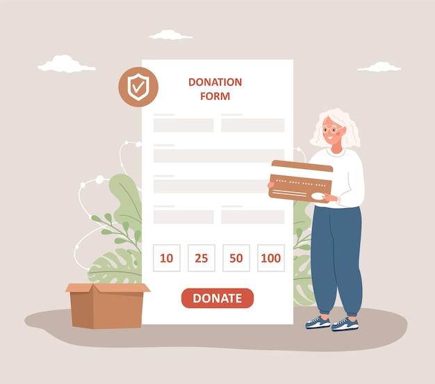 Online donation form Elderly volunteer woman donating money and paying with credit card