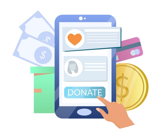 Online donation hand donating money using smartphone vector illustration charity moble phone app