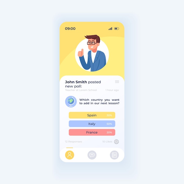 Online education application smartphone interface vector template. Mobile app page light theme design layout. User post screen. Flat UI for application. Internet teacher on phone display