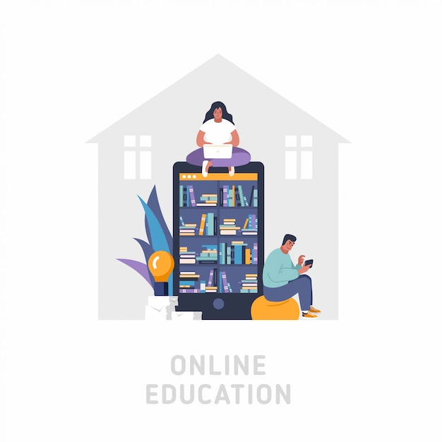 Online education concept flat  illustration. Big smartphone as a bookshelve, woman uses laptop, man is using smartphone. People reading and educating with gadgets