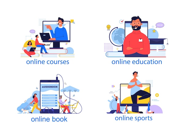 Vector online education concept. idea of study remotely using internet. distance learning, online courses, sport training, e-library. set of   illustration