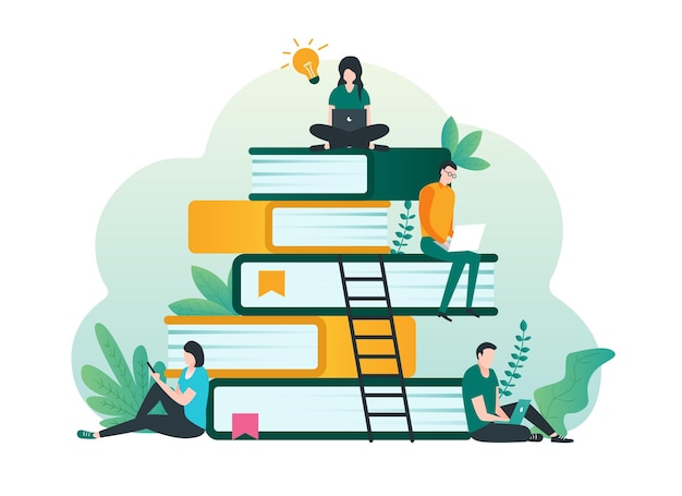 Online education concept with students sitting on pile of books