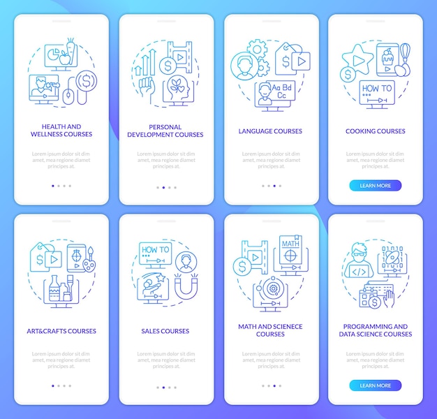 Online education fields blue gradient onboarding mobile app screen set