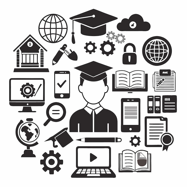 Online education glyph solid icons collection Containing elearning school education study diploma