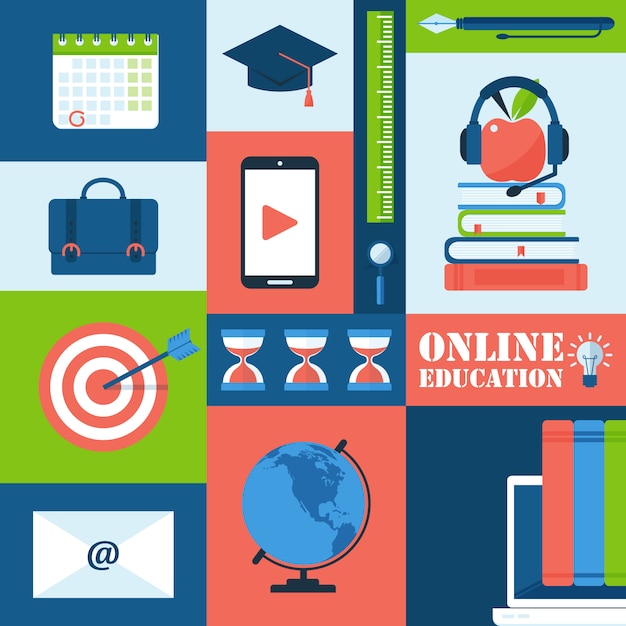 Online education icons in colorful collage,  illustration. Set of stickers with symbols in flat style. 