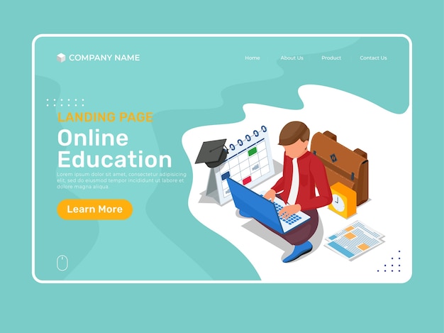 Online education landing page template with isometric character studying in laptop.  