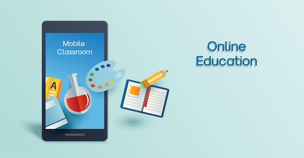 Online education learning on mobile phone. Learning at home with social distancing concept.