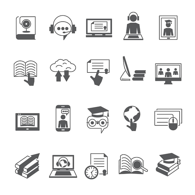 Online education line icon Concept of training and studying course Lecture or webinar Internet seminar Business communication Audiobook and learning conference Vector pictograms set