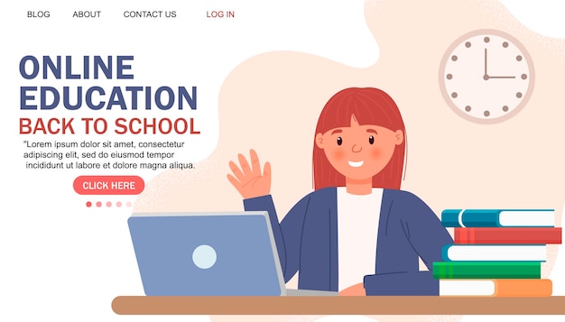 Online education modern flat design. Online school concept. Remote education. Landing page template. For your design.