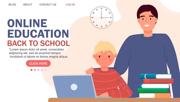 Online education modern flat design. Online school concept. Remote education. Landing page template. For your design.