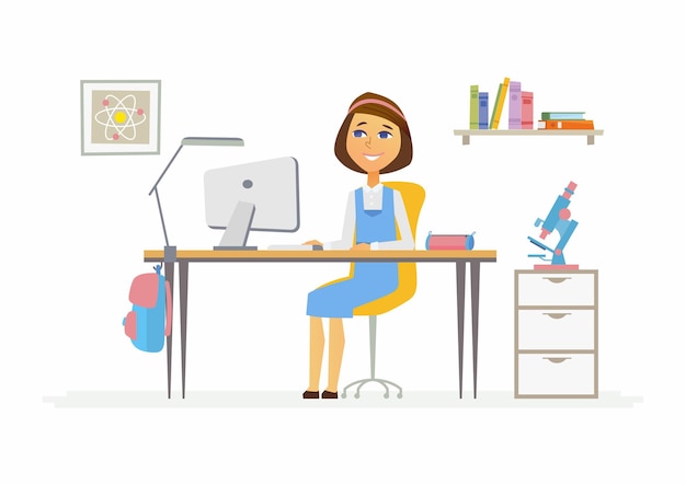 Online education  modern vector illustration of happy senior school girl student working at the PC