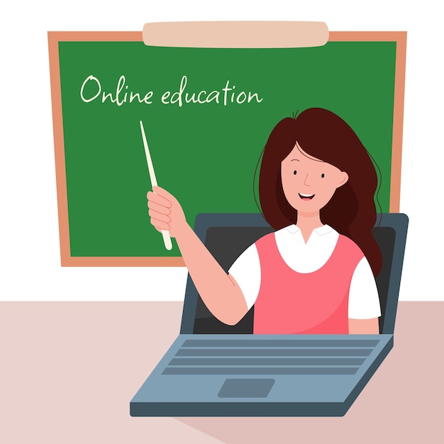 Online education The teacher leads a webinar in the classroom Cute woman showing text on chalkboard