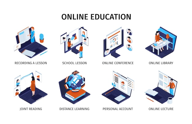 Online education technology compositions set with school lesson lecture distance learning ebook library personal account isolated isometric 3d vector illustration