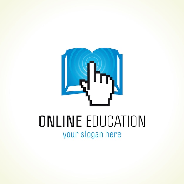 Online education vector logo with pixel hand open 3D book and radio waves Internet school sign