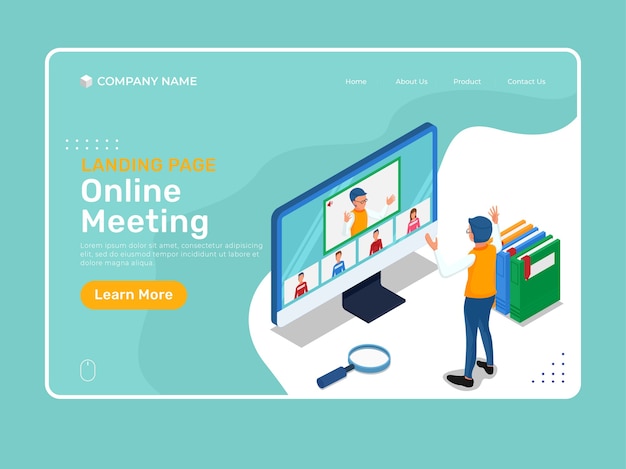 Online education with isometric character do virtual meeting in computer. Isometric landing page illustration template. 