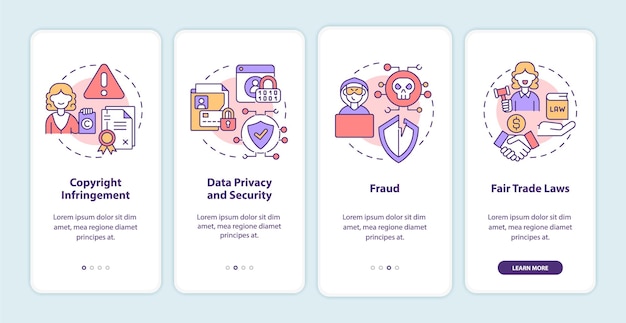 Online entrepreneurship risks onboarding mobile app page screen. Data privacy walkthrough 4 steps graphic instructions with concepts. UI, UX, GUI vector template with linear color illustrations