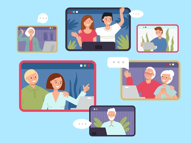 Online family meeting Virtual call to parents children and grandparents Computer communication happy people talk in internet decent vector concept