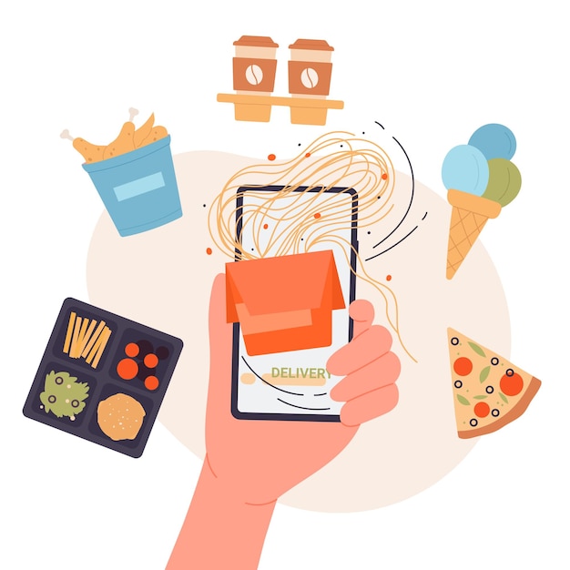 Vector online fast food order and delivery from restaurant hand holding phone with mobile app