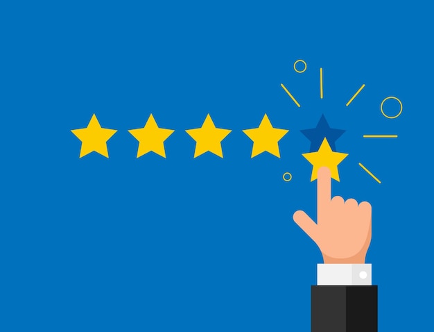 Online feedback reputation quality customer review concept flat style. Businessman hand finger pointing five gold star rating. Vector illustration. EPS10