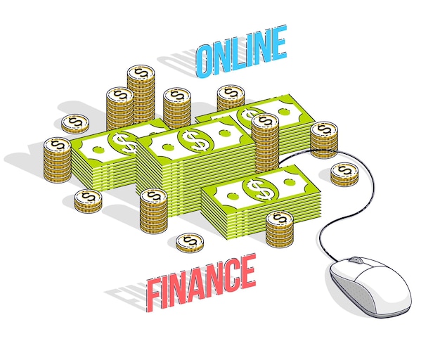 Online finance concept, web payments, internet earnings, online banking, cash money stacks with computer mouse connected to piles. Isometric 3d vector business and finance illustration.