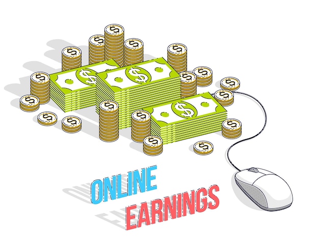 Online finance concept, web payments, internet earnings, online banking, cash money stacks with computer mouse connected to piles. Isometric 3d vector business and finance illustration.