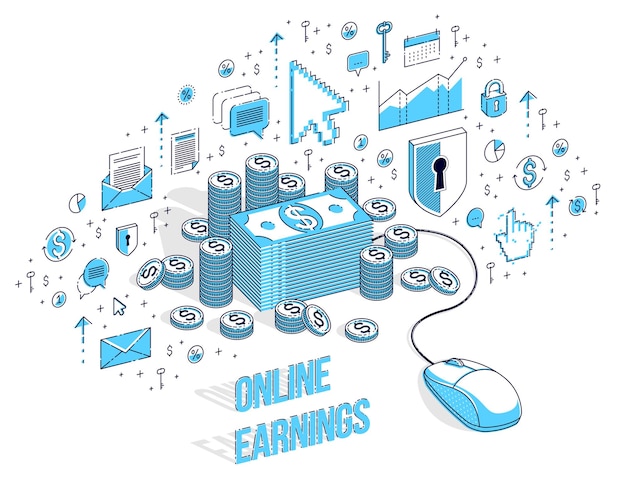 Online finance concept, web payments, internet earnings, online banking, money stacks with computer mouse. Isometric 3d vector finance illustration with icons, stats charts and design elements.