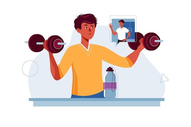 Online fitness concept with people scene in the flat cartoon style A guy does physical exercises