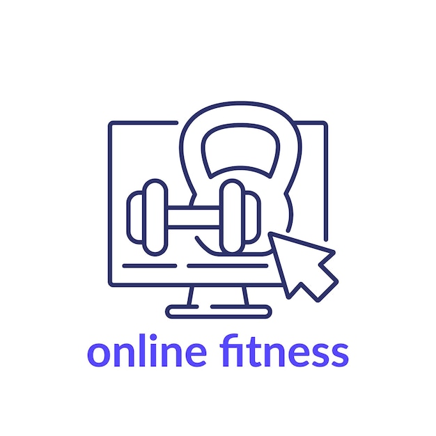 Online fitness line icon on white