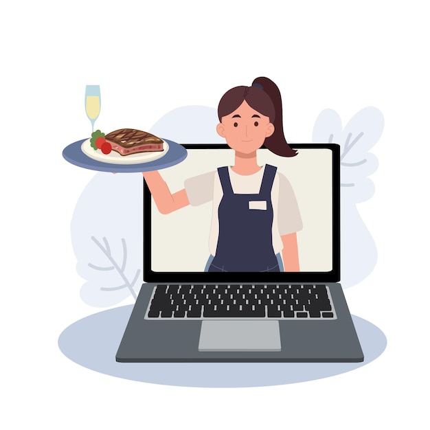 Online food delivery from restaurant and cafe services conceptwaitress with tray on laptop screen Vector illustration