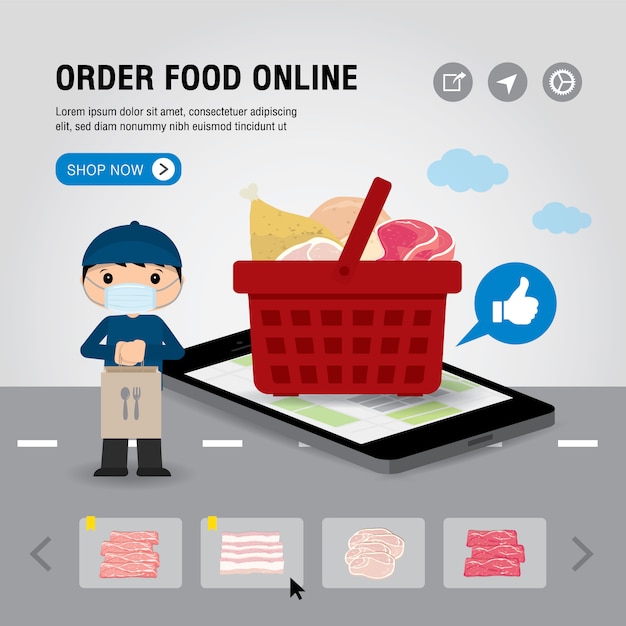 Online Food Delivery Service Concept Cartoon illustration. Mobile or Smartphone open app for Online food order infographic. COVID-19. Quarantine in the city.