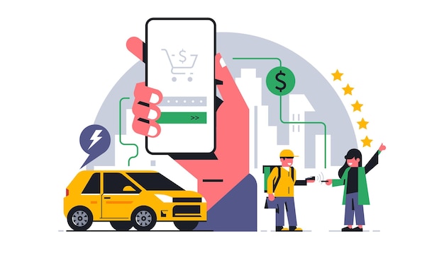 Online food delivery service to your home Contactless payment for food delivery through the terminal Feedback to the courier is five stars Phone hand app money pay cash Vector illustration